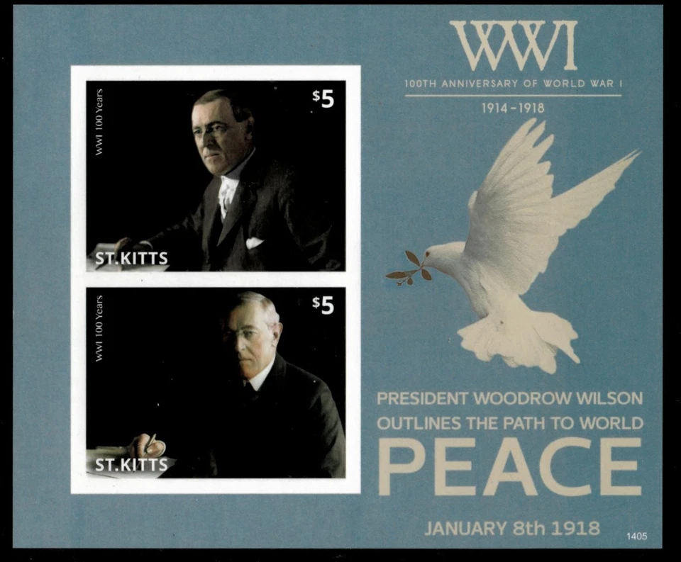 St. Kitts 2014 - Primera Guerra Mundial Woodrow Wilson - Hoja de estampillas de recuerdo IMPERF - MNH Foto 1 de 1