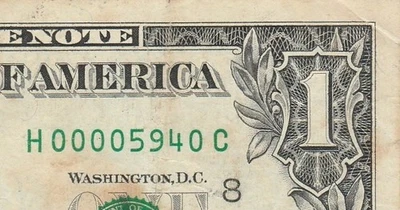 Número de série baixo extravagante de 4 dígitos | 1995 $1 nota da Reserva Federal | H 00005940 C - Imagem 1 de 3