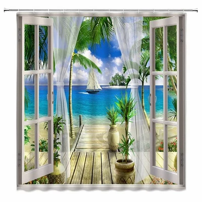 70x70 Inch Beach Ocean View Shower Curtain, Tropical Palm Trees, Hooks, Fabric - Image 1 of 4