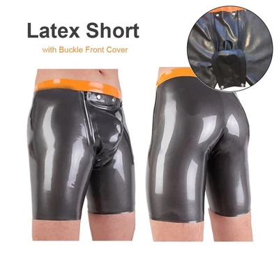 Men Latex Rubber Shorts Middle Pants with Detachable Codpiece Crotch Inside Hole - Image 1 of 4