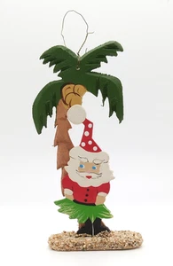 Vintage Emgee Corp Hawaii Wood Ornament Santa Hulu Skirt Palm Tree - Picture 1 of 9