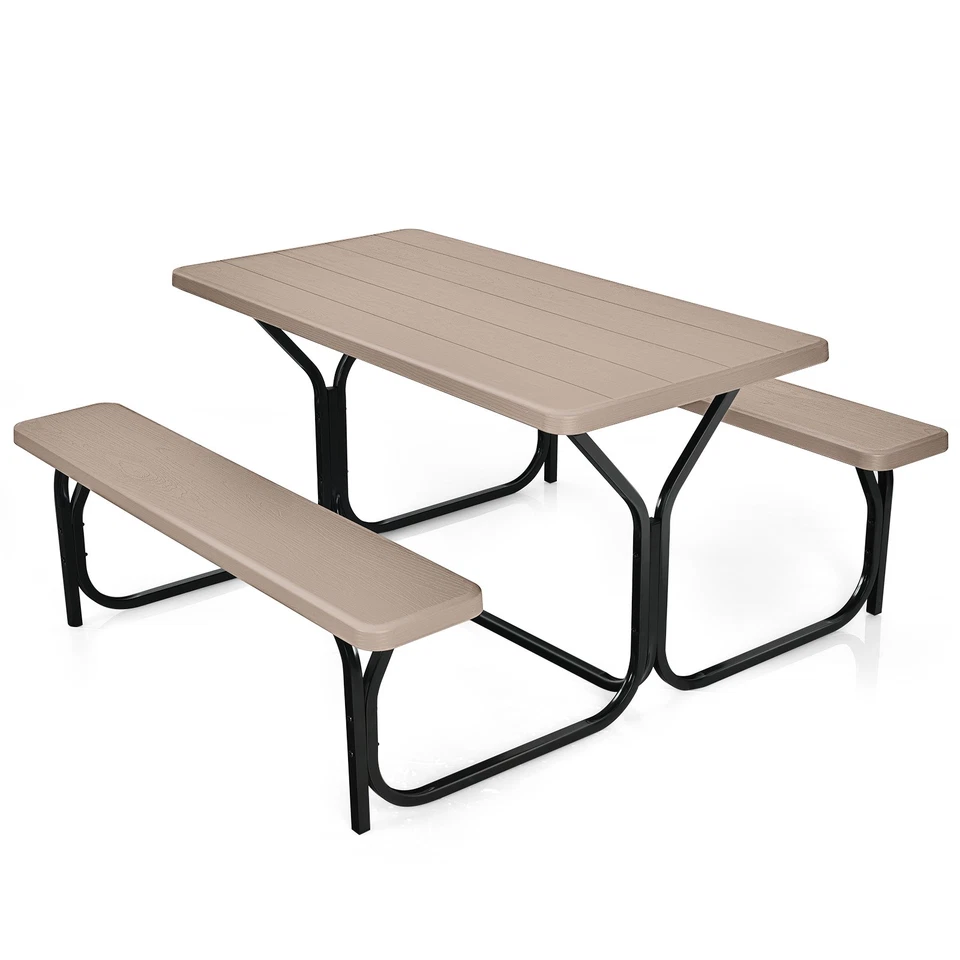 HDPE Outdoor Picnic Table Bench Set with Metal Base-Coffee - Color Coffee