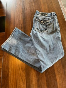 Miss Me Distressed Boot Cut Denim Blue Jeans Rhinestones Size 28 - Picture 1 of 14