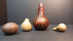 Vintage Handcarved 6" Mexican Gourd w/ Horses and 3 Smaller Dried Gourds - Picture 1 of 5