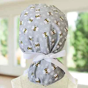 Gray Bees~ Ponytail Scrub Cap, Surgical Hat, OR, CNA, Cap, CRNA, Scrub Cap, Tech - Picture 1 of 4