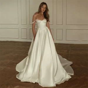 A-Line Spaghetti Straps Stain Sweetheart Wedding Dresses Floor Length Sleeveless - Picture 1 of 8