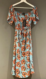 Mela London Blue Orange Floral Print Flutter Midi Summer Party Dress Size 12 - Picture 1 of 8