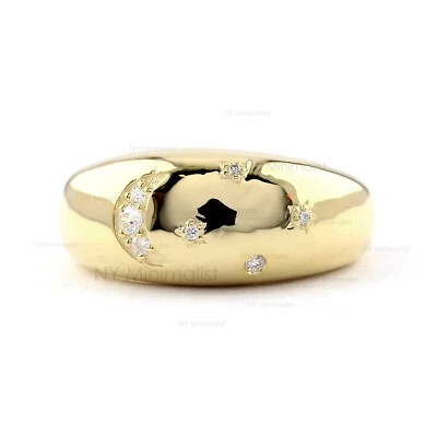 Crescent Moon & Star Diamond Pave Solid 14K Yellow Gold Bold Signet Dome Ring - Image 1 of 4