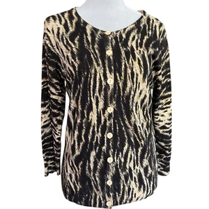 Grace women's silk blend black and tan animal print button up cardigan sz S - Picture 1 of 8