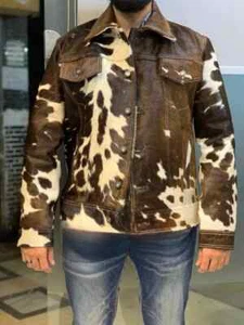 Men Western Cowhide Leather Jacket Genuine Hair-On Pony Skin Stylish Truck - Picture 1 of 3