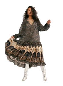 Maxi Vestido Free People Feeling Groovy Estampado Border Transparente Festival S Boho - Imagen 1 de 11