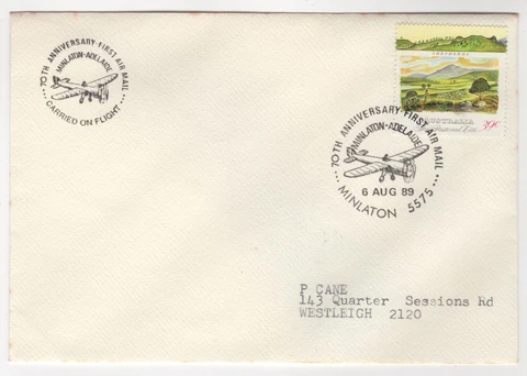 1989 Aug 6th. Flight Cover. 70th Minlaton to Adelaide. AAMC 2079 Cover