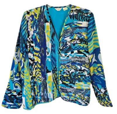 Laura Ashley Petites Small Jacket Open Front Pintuck Pleats Blue & Green Print - Image 1 of 4