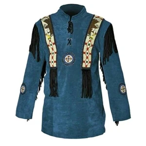 Herren Western Cowboy Blau Wildleder Leder Bergmann Perlen Fransen Hemd MBS607 - Bild 1 von 4