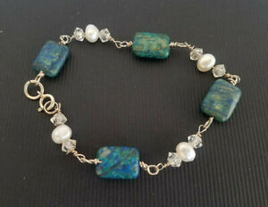 Delicate Sterling Silver Striped Blue Stone Freshwater Pearl Crystal Bracelet