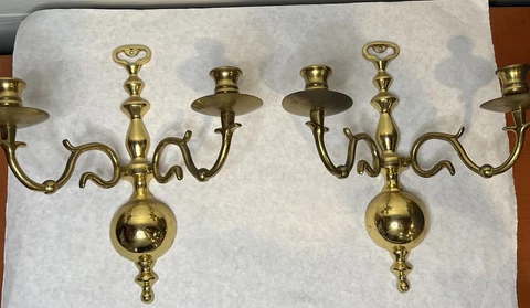Vintage PAIR Georgian Style 2 Arm Wall Mount Sconce Brass Candle holder 13"x11” Cover