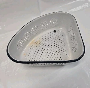 Vintage Enamelware Colander Triangle Corner Sink Strainer White With Blue(1) - Picture 1 of 15