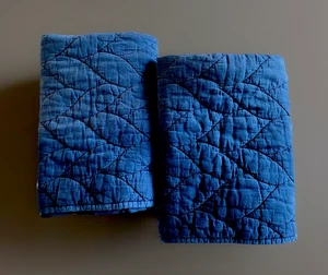 Pair West Elm Euro Sham Quilted Brushed Denim Blue Cotton 26"squ. Envelope Back - Picture 1 of 5