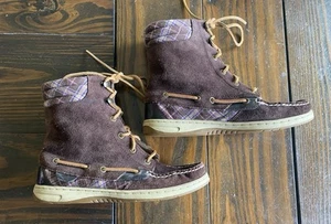 Sperry Top Sider Women's Size 7M Boots Leather Lace Up Plaid Lining Brown Pink - Picture 1 of 9