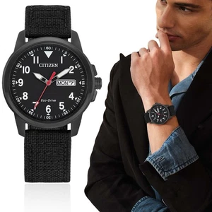 Mens Citizen Style Eco-Drive Weekender Garrison Field Black Strap Quartz Watch - Picture 1 of 2