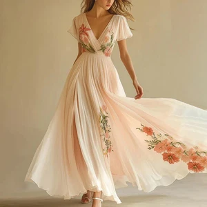 Women’s Floral Print V Neck Pleated Chiffon Flowy Beach Party Wedding  Dresses - Picture 1 of 7