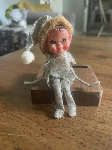 Vintage Christmas Shelf Sitter Elf Pixie Silver Lamé Ornament Knee Hugger JAPAN - Picture 1 of 7