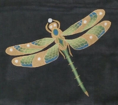 JP needlepoint HP handpainted canvas B158 DRAGONFLY Brooch Olive Blue 18 mesh - Image 1 of 4