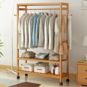 Wooden Clothes Rail Garment Coat Rack Scarf & Purse Hanging Hooks Rolling Stand - Picture 1 of 12