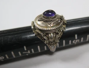 Vintage Sterling Silver 925 Capsule Pill Box Ring With Purple Gemstone Size 6 - Picture 1 of 9