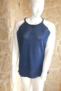 Pull bleu et blanc col rond neuf taille M 100% lin marque Terry Lane (sg)