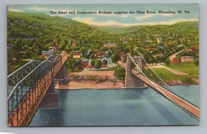 Steel Suspension Bridge Ohio River Wheeling West Virginia Postcard - Picture 1 of 2