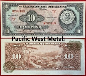 1961 Mexico 10 Pesos UNC Tehuana Mexican banknotes Billete SERIE LF PREFIX M - Picture 1 of 9