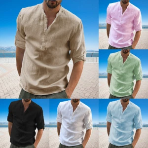 Men Shirt Casual Button Sleeve T-shirt Cotton Linen Summer Beach Short Polo NEW - Picture 1 of 18
