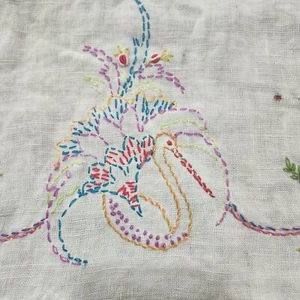 VTG Embroidered Peacock Bird Linen Table Runner Dresser Vanity Scarf Repaired - Picture 1 of 13