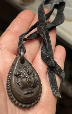 Antique Victorian Carved Vulcanite Gutta Percha Cameo Pendant Mourning Necklace - Image 1 of 4