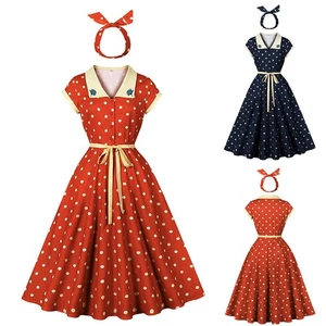 Womens 1940s 50s Vintage Dot Audrey Skater Dress Rockabilly Christmas Party Xmas - Picture 1 of 16