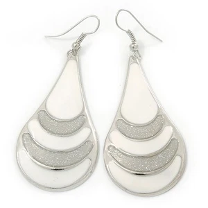White Enamel With Glitter Teardrop Earrings In Silver Tone - 65mm L - Picture 1 of 4