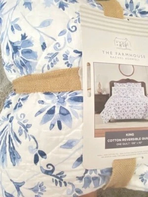 全新 Rachel Ashwell Farmhouse Shabby Chic 被子 King 棉白色瓷蓝色 — 第 1/4 张图片