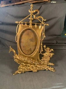 Antique Victorian Brass Oval Picture Frame with Ship--Cherub--Anchor Stand c1900 - Picture 1 of 8