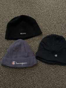 Lot Of 3 Champion Beanies Toboggan Cap Hat Purple Black Fleece Knit One Size - Picture 1 of 11