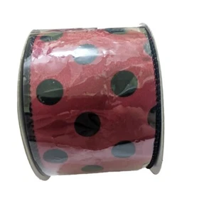 10 Yds Of 2 1/2” Red & Black Polka Dot Wired Edge Ribbon - Picture 1 of 2