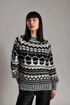 Suéter nórdico tejido blanco y negro LINE para mujer talla L/G mezcla de alpaca invierno Foto 1 de 4