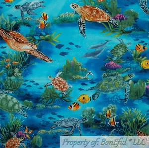 BonEful FABRIC FQ Cotton Quilt VTG Aqua Blue Water Scenic Sea World Fish Turtle - Picture 1 of 14