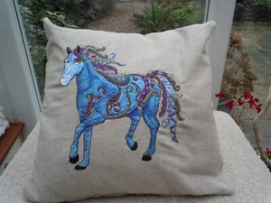 Handmade Embroidered Horse Cushion on Oatmeal Cotton 30cm Square - Picture 1 of 5