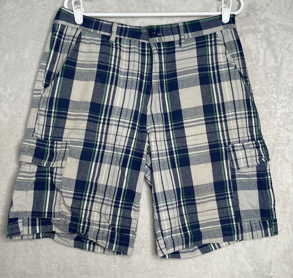 OT REVOLUTION Men's 34 Blue White Green Plaid 100% Cotton Cargo Pocket Shorts - Image 1 of 4