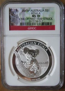 2015 P Australia Koala NGC MS70 1 Troy Oz .999 Silver One of First 1500 Struck - Picture 1 of 2