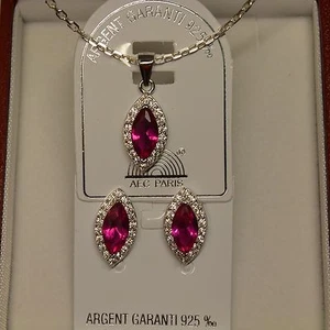 Parure 3PC Rhodié Marquise Oeil 15mm de Rubis et Diamant Cz Argent Dolly-Bijoux - Picture 1 of 12
