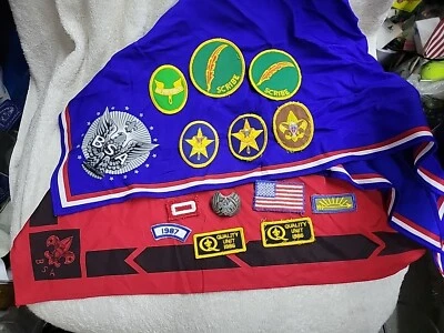 Vintage Boy Scouts Of America 2  Neckerchiefs Bandana & 12 Patches, Metal Clip - Image 1 of 4