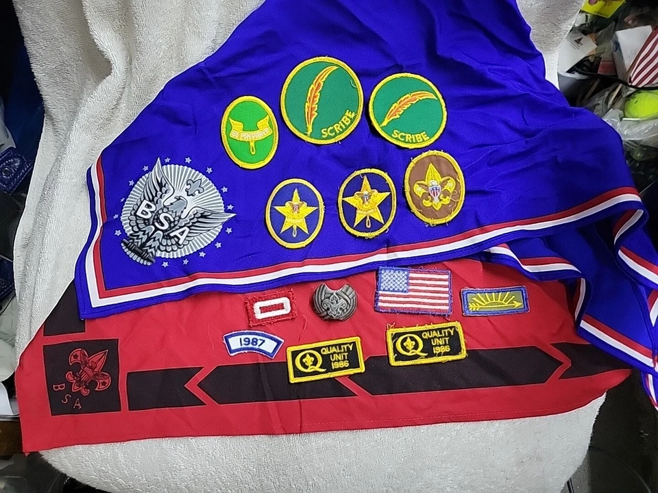 Vintage Boy Scouts Of America 2  Neckerchiefs Bandana & 12 Patches, Metal Clip - Image 1 of 4