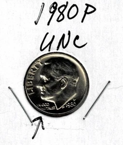 1980 P Uncirculated Roosevelt Dime w/ Die Strike Errors - Picture 1 of 2